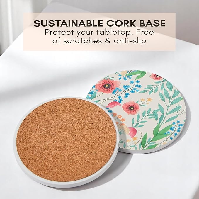 Ceramic Absorbent Floral Coasters Set of 6 with Holder, Drink Coasters for Coffee Table, Water-Absorbing Stone Coasters (Blossom)