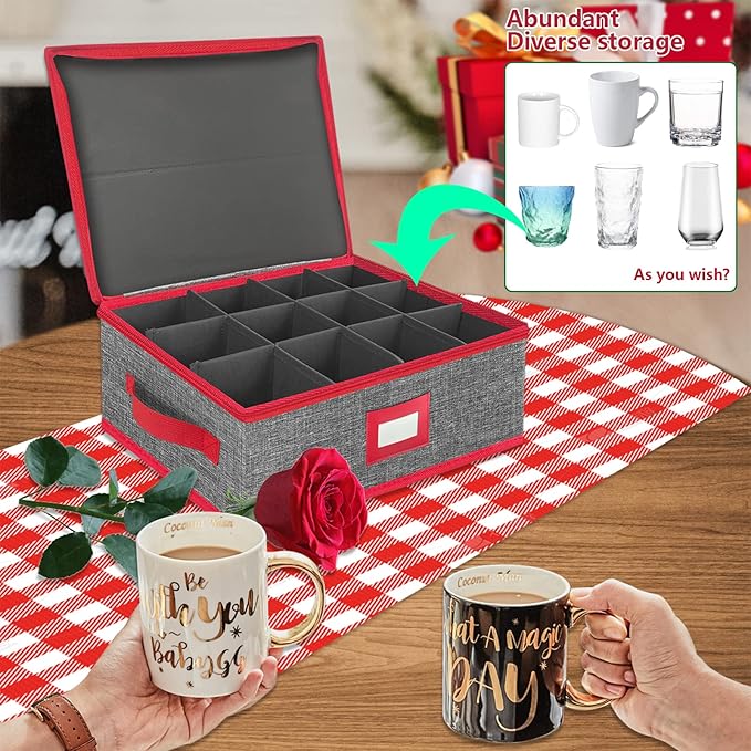 VERONLY Christmas Cup Mug Storage Box with Dividers, China Storage Case Hard Shell Stackable with Lid and Handles for 12 Coffee Mugs and Tea Cups (Grey and Red)