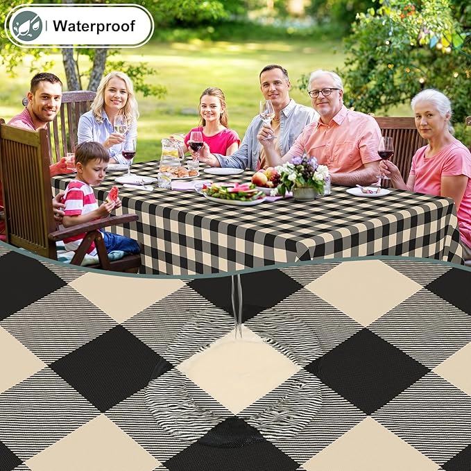 misaya Rectangle Waterproof Vinyl Table Cloth, Buffalo Flannel Backed Tablecloth, Wipeable Plastic Table Cover for Dinner, Kitchen, Outdoor (60" x 102", Black and Beige)