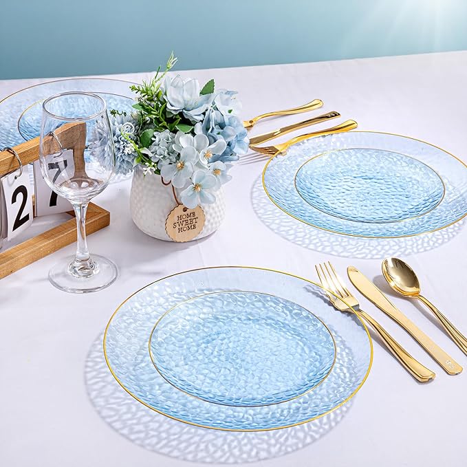 DaYammi 60PCS Blue Gold Plastic Plates - 10 inch Blue Plastic Dinner Plates - Hammer Pattern Design - Fancy Clear and Gold Disposable Plates Ideal for Wedding & Party