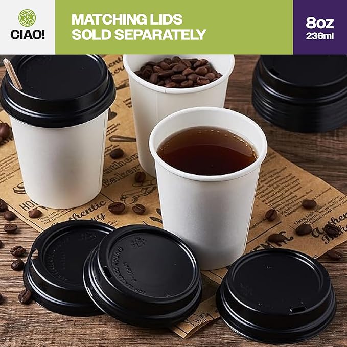 CIAO! 8oz White Paper Hot Cup, Disposable, 80mm Diameter 1,000 Count