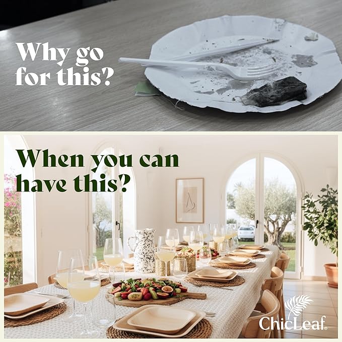 Chic Leaf Palm Leaf Bamboo Style Plates - 9-Inch Square, Pack of 50 - Compostable Serving Platters - Microwave -Disposable Plates - Durable Party Dishware, Upscale Look for Valentine’s Meals