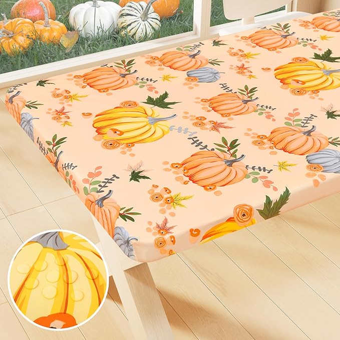 Smiry Plastic Thanksgiving Tablecloth, Pumpkin Wipeable Flannel Backed Vinyl Tablecloths for 4 Foot Tables, Waterproof Elastic Fitted Table Covers for Autumn Harvest, Parties (Orange, 30x48 Inches)