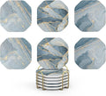 UMIRRO Ceramic Stone Coasters for Drinks Absorbent with Holder for Wooden Coffee Table, Stoneware Cup Coasters for Iced Cold or Hot Drinks, Navy Blue Marble Style, Gold, 4" Set of 6
