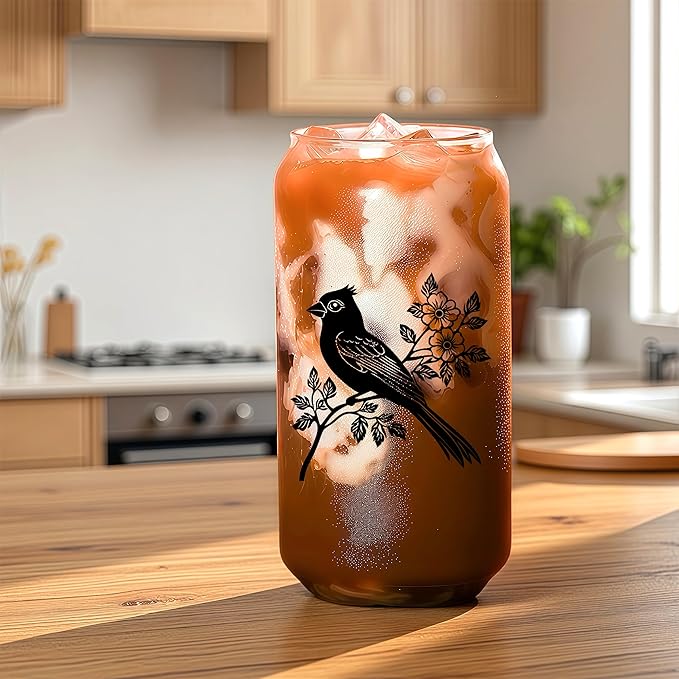 Cute Cardinal Glass Cup With Lids And Straws, Cardinal Gift For Women, Iced, Coffee, Smoothie, Cocktail, Beer, Whiskey, Soda, Matcha,16 Oz, Home Office Table Desk Decoration!