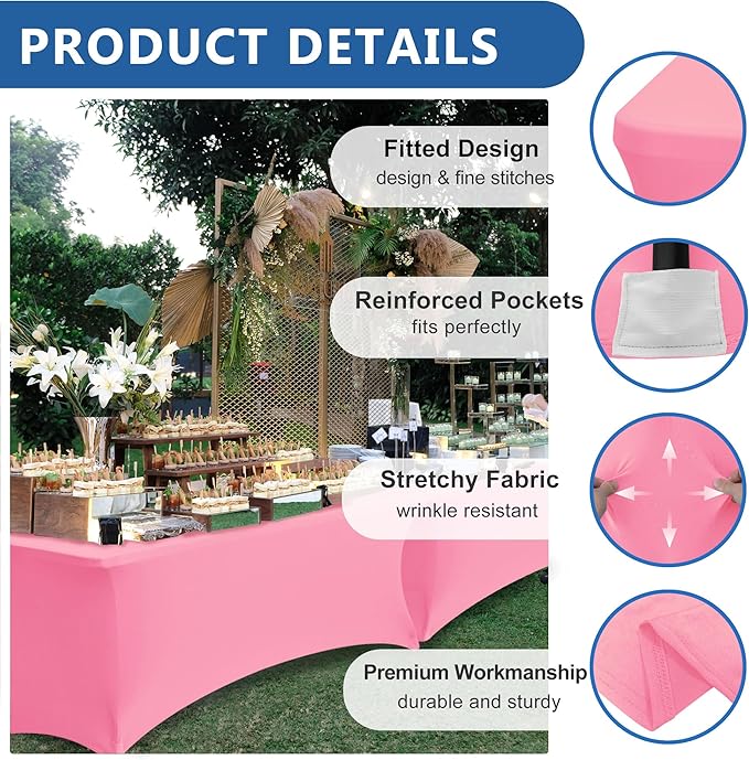 Spandex Table Cloths for 8 Foot Rectangle Tables-6 Pack Fitted Stretch Pink Table Covers-Elastic Folding Tablecloths for Party, Vendor Booth Display, Banquet Buffet Event, Craft Trade Show