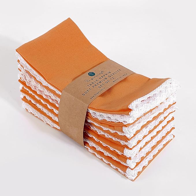 FINGERCRAFT Dinner Cloth Napkin Cotton Linen Blend 4 Pack Mitered Corners with Elegant Lace for Everyday Use Napkins are Pre Shrunk and Good Absorbency Rust