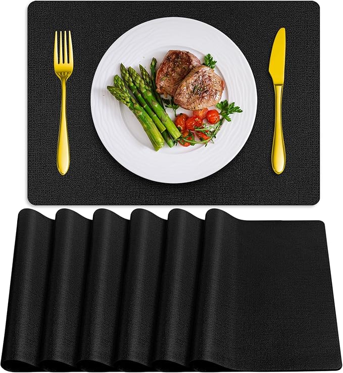 Placemats Set of 6 Washable, Heat Resistant Table Placemats Wipeable Faux Leather Place Mats Non Slip, Waterproof Square Table Mats for Indoor Outdoor, Black