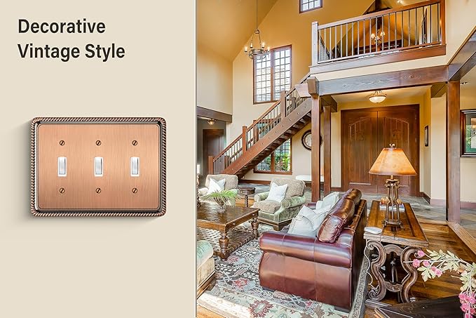 Henne Bery Rope Edge Decorative Wall Plate Switch Plate Outlet Cover (Triple Toggle, Antique Copper)