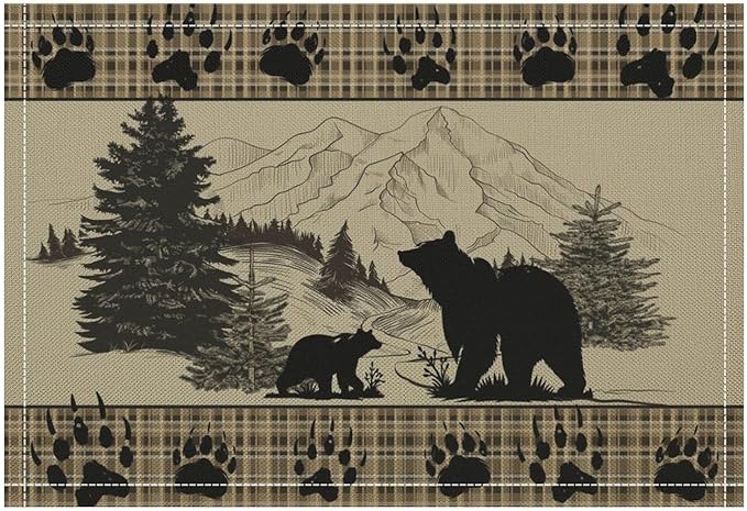 Retro Farmhouse Placemat Set, Rustic Brown Tartan Check Wildlife Bear Paw Silhouette Sketch Pine Tree Forest Pattern Home Decoration Linen Table Mats for Dining Room Kitchen Party (17x12in) x6P