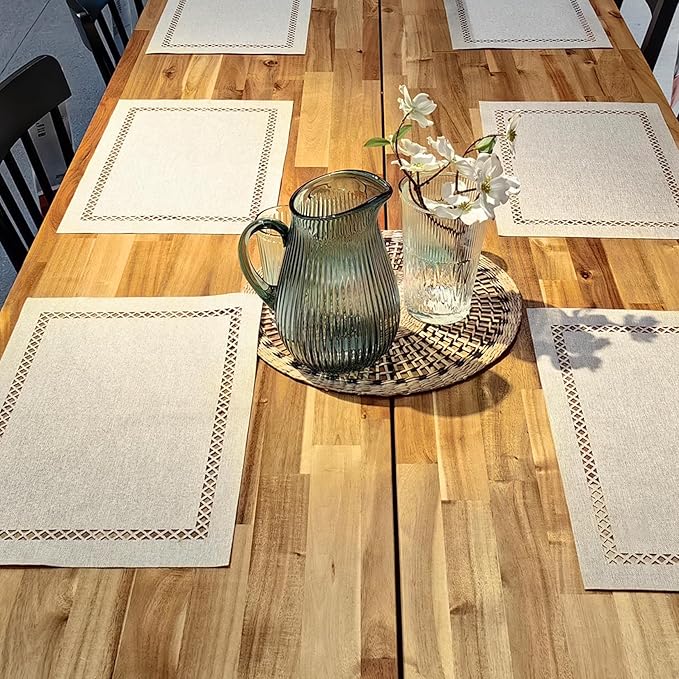 Placemats Set of 6 for Dining Table with Hollow Edge Design- Table Mats 12x 18 Inch, Cloth Place mats Machine Washable (Beige 6pcs)