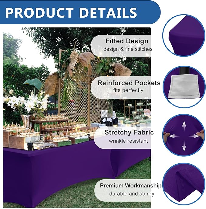 Spandex Table Cloths for 8 Foot Rectangle Tables-6 Pack Fitted Stretch Dark Purple Table Covers-Folding Tablecloths for Party, Vendor Booth Display, Banquet Buffet Event, Craft Trade Show