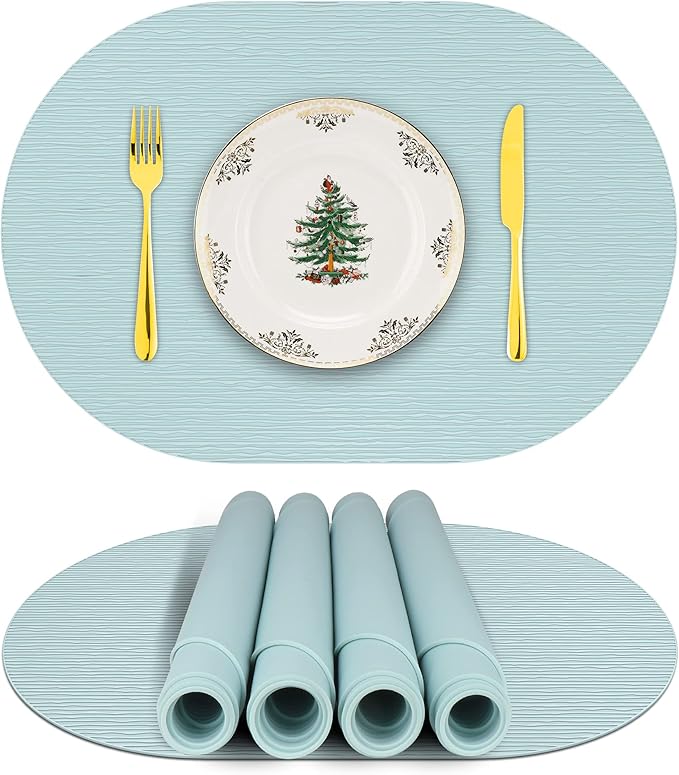 Silicone Placemats, Oval Placemats for Dining Table, Placemats Set of 4, Non-Slip Waterproof Heat Resistant Table Mat, Outdoor Placemat for Patio Table (Light Blue-Oval)