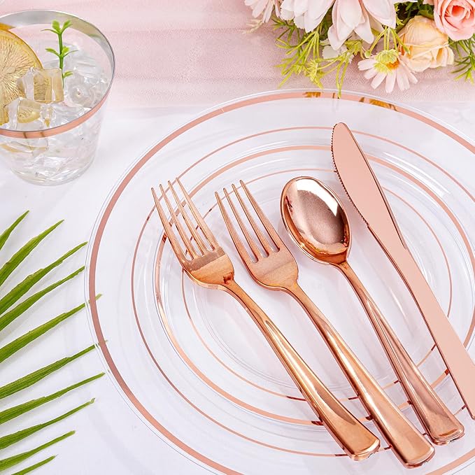 bUCLA 300PCS Rose Gold Plastic Dinnerware - Clear Dinnerware Set Disposable Include 50 Dinner Plates,50 Dessert Plates,50 Knives,50 Forks,50 Spoons,50 Cups for Party, Wedding & Valentines Day