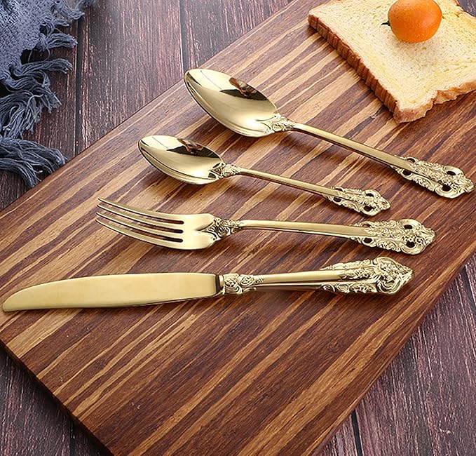 Gold Silverware Set 18/10 Stainless Steel Flatware Sets Palace Style 24 Piece Delicate Cutlery Set for 6 Durable Home Kitchen Wedding Tableware Utensil Include Knifes Teaspoons Forks and Spoons