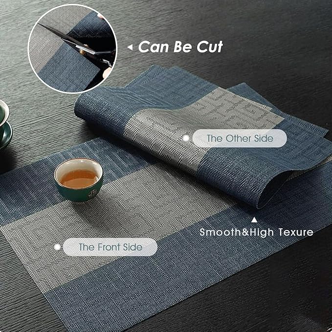 FAVE Placemats Set of 12 Indigo Blue Woven with Gray Placemats Durable and Wipeable Vinyl Place Mats Set 12 for Wedding, Banquet, Birthday, Party, Restaurant Decorations (Indigo Blue, 12"x18"-12PCS)