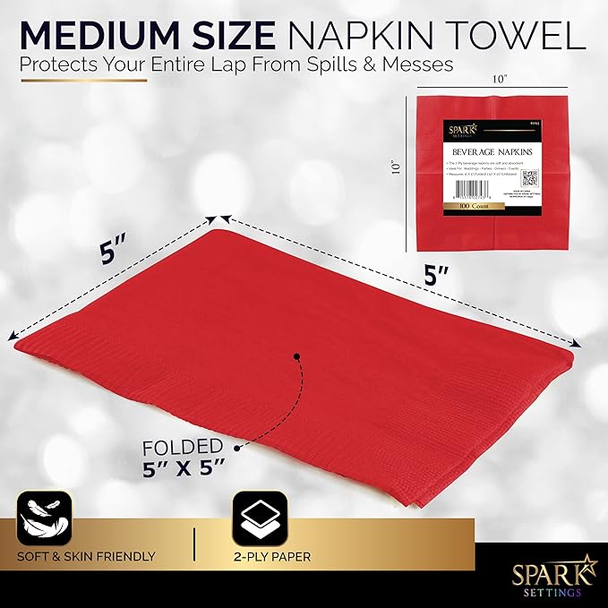 100 Pack Red Beverage Napkins, Big Party Pack, 2 Ply, Ideal for Wedding, Party, Birthday, Dinner, Lunch, Cocktails. (5” x 5”) by Amcrate