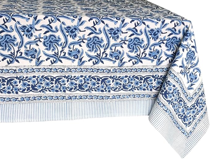 ATOSII Midnight Bloom 100% Cotton Summer Tablecloth, Block Print Blue Rectangle Table Cloth for Dining Table Parties Wedding Outdoor Decor 60 X 108 Inches I 8 Seater I Memorial Day
