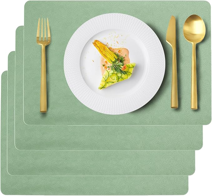 Vinyl Placemats Set of 4 Faux Leather 100% Waterproof Wipeable Washable Place Mats Heat Resistant Easy Clean Non-Slip Table Mats for Indoor Outdoor. (4, Green)