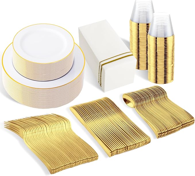 SUT 350 PCS Elegant White and Gold Disposable Dinnerware Set - Premium Dinner & Salad Plates, Cups, Napkins & Cutlery for 50 Guests - All-Inclusive Party Plastic Plates