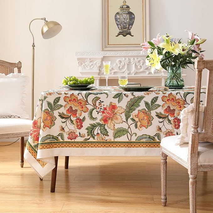 patdrea Designer Vintage Linen Rectangle Tablecloth,Provencal Rustic Floral Pattern Tablecloths,Decorative Table Cover Cloth for Kitchen,Dining Room,Tea Party,Home,Christmas,67"*118"