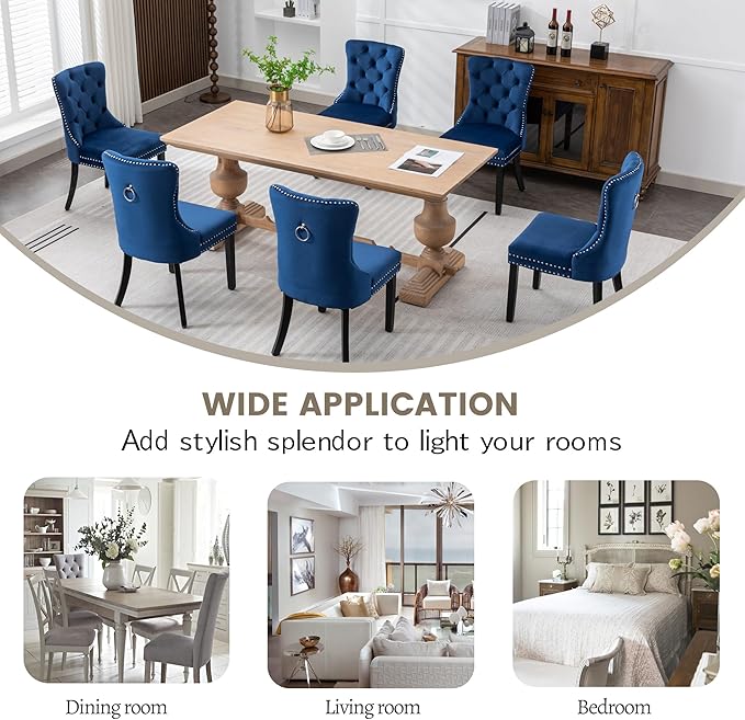 KCC Velvet Dining Chairs Set of 2, Upholstered High-end Tufted Dining Room Chair with Nailhead Back Ring Pull Trim Solid Wood Legs, Nikki Collection Modern Style for Kitchen, Blue