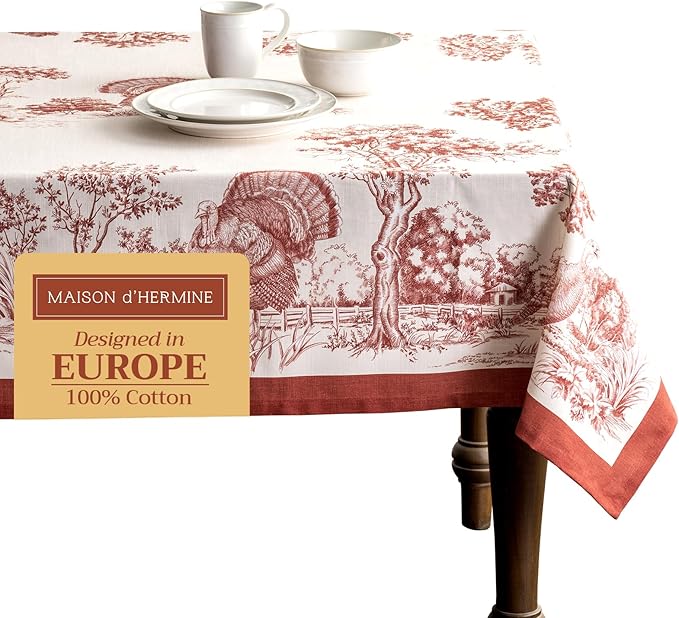 Maison d' Hermine Table Cloth Square Table 100% Cotton 54 x 54 Inches Fall Tablecloth Reusable Everyday Use for Thanksgiving Christmas Decorations Dining Farmhouse Party (Holy Jouy - Red)