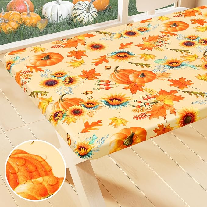 Smiry Plastic Thanksgiving Tablecloth, Sunflower & Pumpkin Waterproof Elastic Fitted Table Covers for 8 Foot Tables, Wipeable Flannel Backed Vinyl Tablecloths for Autumn Harvest (Gold, 30x96 Inches)