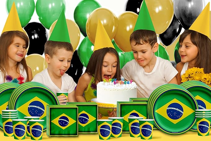 Brazil Flag Birthday Party Supplies Set Plates Napkins Cups Tableware Kit for 16