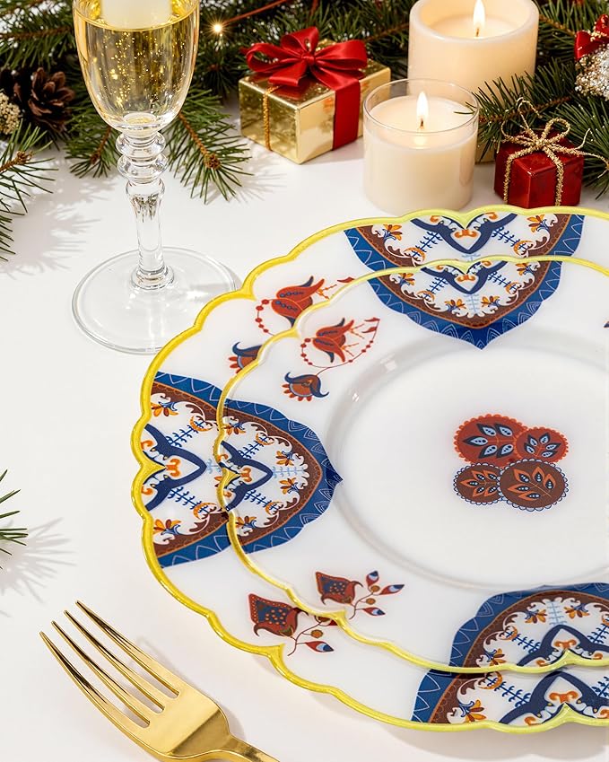 Morejoy 60pcs Plastic Disposable Plates Set - White Plastic Plates Featuring Classic Blue and Russet Floral Design With Gradient Gold Rim, 10.25 Dinner & 7.5 Dessert Plates for Wedding & Party