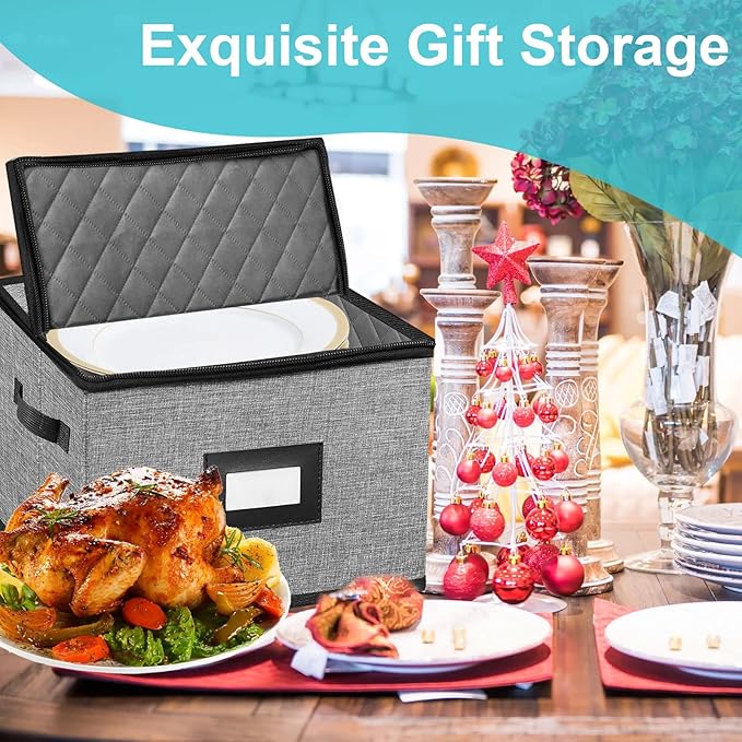 China Storage Containers-Quilted Dish Storage Containers with Lid Hard Shell for Moving Transport, Dinnerware Storage,Stackable Plate Storage,24 Felt Plate Dividers Included,2PACK 12*12*8in
