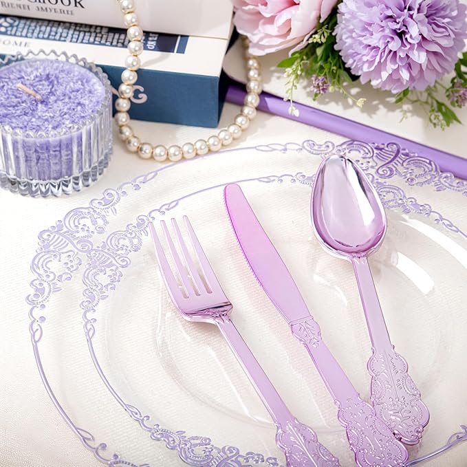 Hioasis 175pcs Clear and Purple Plates - Purple Party Plates for 25 Guest, Include 50 Heavy-duty Plates(20% Thicker Than Standard), 25 Pre Rolled Gold Plastic Silverware Set, 25 Cups