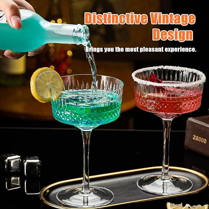 Vintage Art Deco Coupe Glasses Set of 6, 10 oz Martini Glasses, Coupe Cocktail Glasses,Elegant Hand Blown Manhattan Goblet for Bar, Champagne, Martini, Cosmopolitan, Gimlet, Pisco Sour