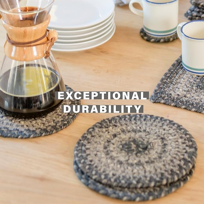 Homespice Flint Hill Jute Braided Kitchen Trivets for Hot Dishes, Warm Primitive Decor, Set of 6, Grey 8" Round Heat Resistant Mat - Rich Colors, Easy to Clean, Durable and Protects Furniture