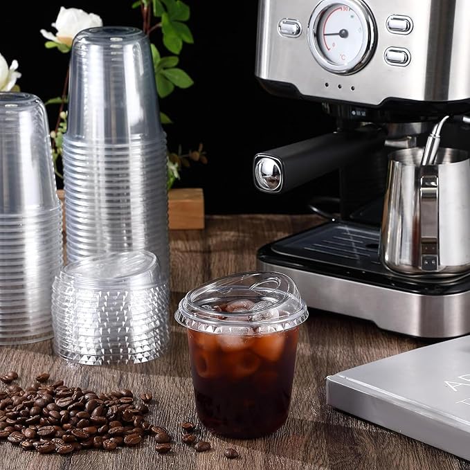 Baderke 100 Pcs Plastic Cups with Sip Lids Round Bottom Disposable Plastic Coffee Cups with Lids Clear Strawless Crystal Mugs for Iced Coffee Smoothie Cold Beverage Party Catering Supplies (12 oz)