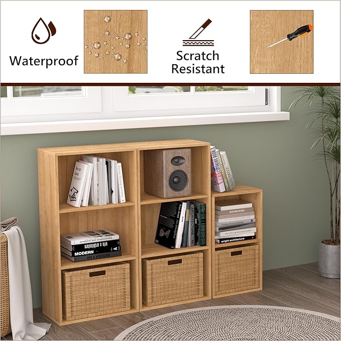 Wooden 3 Cube Storage Organizer,3 Tier Low Bookcase Freestanding Storage Display Organizer,Versatile Cubes Shelf and Cubby Unit for Any Space 15.7inch