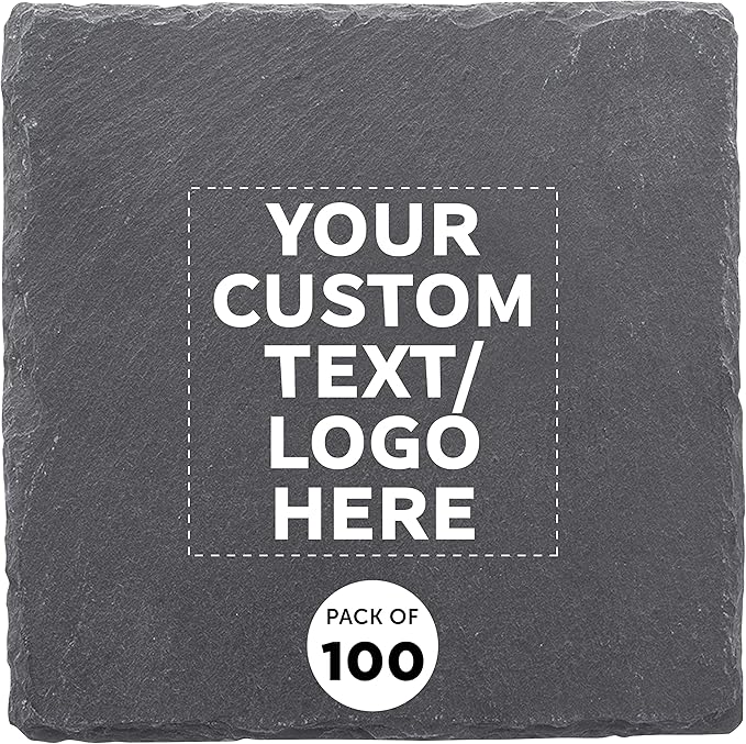 Custom Sohag Square Slate Coasters Set of 100, Personalized Bulk Pack - Table Decor, Kitchen Decor, Wedding Favors - Black