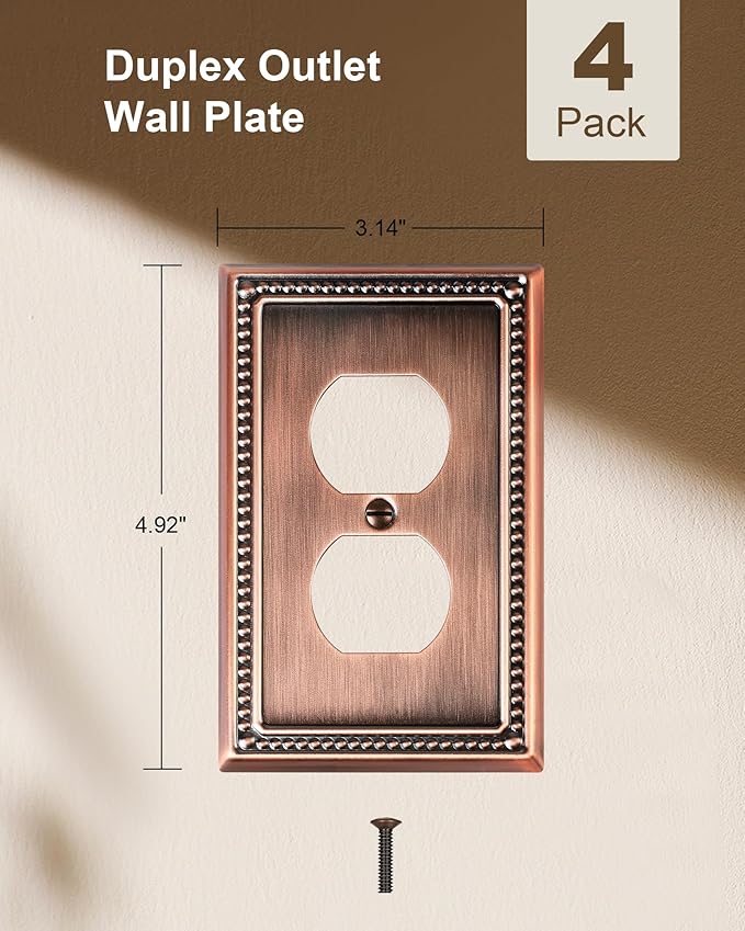 4-Pack Duplex Outlet Cover Plate, Antique Copper Metal Wall Plates for Electrical Outlets, 1 Gang Receptacle Cover, Pearls Decorative Switch Plates and Outlet Covers