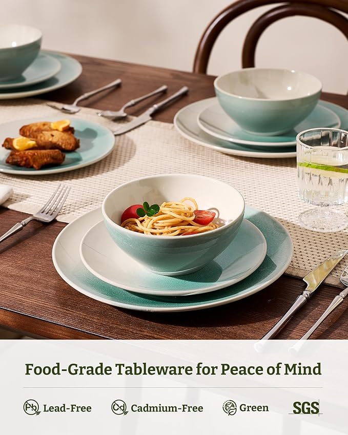 Famiware Glacier Dinnerware Sets, Plates and Bowls Dish Sets for 8 (24 Pieces), Stoneware Tableware - Dishwasher and Microwave Safe, Handcrafted Reactive Glaze, Aqua