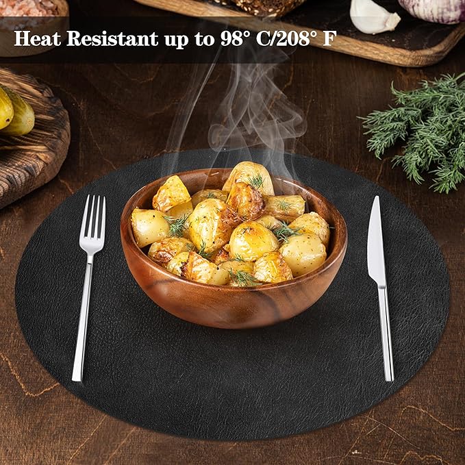 Round Placemats and Coasters Set of 8, Washable Reversible Faux Leather Placemats Cowhide Pattern Place Mats Wipeable Non-Slip 15 inch Round Kitchen Dining Table Mats (Gray Black, 8)