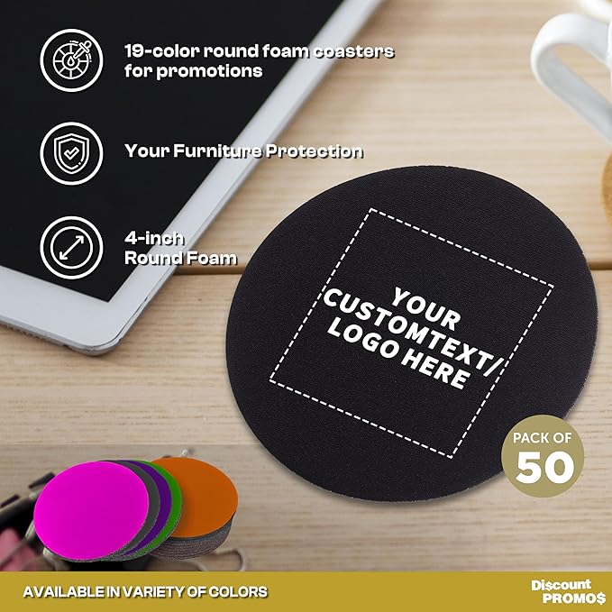 50 Round Foam Bud Coasters Pack, 4 inch - Customizable Text, Logo - PU Foam, Party Favor - Black