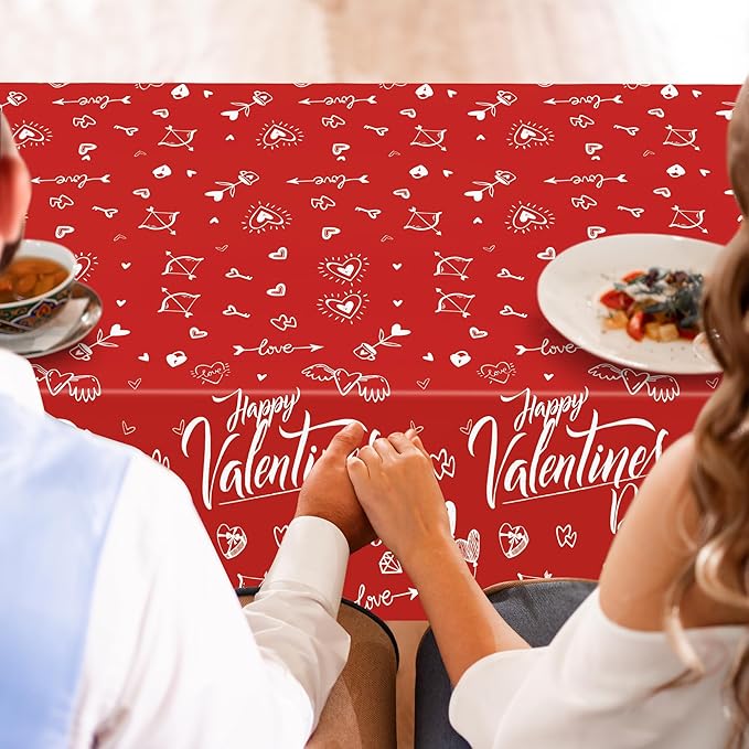 QZYL 4 PCS Valentines Plastic Tablecloths, 54" X 108" Love Heart-Shaped Tablecloths, Disposable Red Valentines Decorations, Rectangle Romantic Galentines Party Favors for Wedding Anniversary Supplies