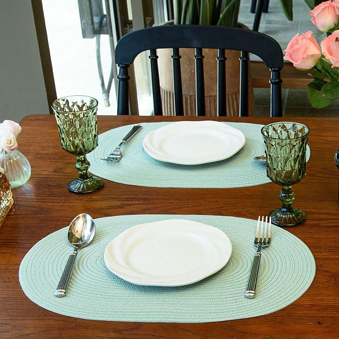 Noctiflorous Oval Braided Placemats Set of 8 Woven 12x18 Inch Non Slip Washable Heat Resistant Place Mats Round Tablemats for Dining Kitchen Party Daily Table Decor Dinner Mats (Mint Green, 8)