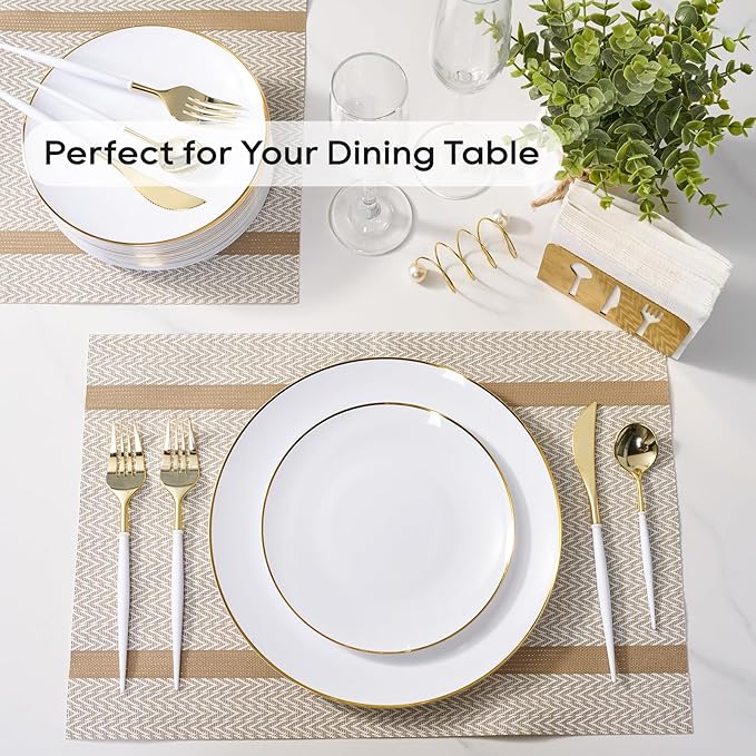 FOCUSLINE 100 Count Gold Plastic Plates 10.25 Inch, Disposable Heavy Duty Dinner Plates, Premium Hard Plastic Plate Fancy Disposable White Plate with Gold Rim