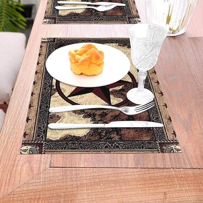 Western Texas Star Placemats Set of 6 Rustic Vintage Country Brown Wood Wipeable Table Mats Reusable Washable PVC Rectangle Place Mats for Kitchen Dining Home Decor 12x18 Inches