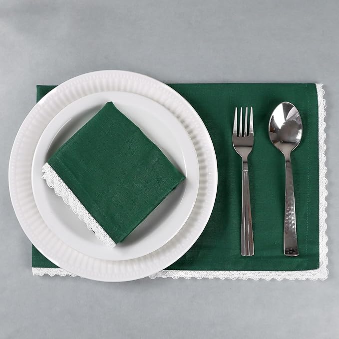FINGERCRAFT Dinner Cloth Napkin Cotton Blend 4 Pack Vintage Rustic Premium Quality Mitered Corners Napkin Cloth with Elegant Lace for Everyday Use, Pre Shrunk and Good Absorbency 20x20 in Eden Green