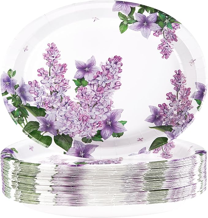 50 Pcs Lilac Oval Paper Plates Large 10" x 12" Purple Floral Plates Disposable Heavy Duty Dinner Serving Platters for Spring Summer Purple Party Supplies Baby Shower Wedding Flower Party Decorations