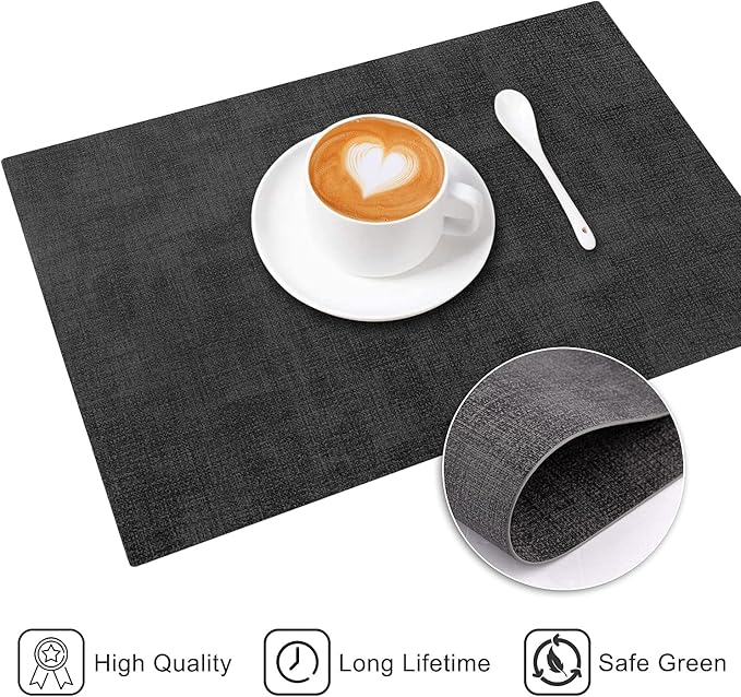 Leather Heat Resistant Placemats Set of 6 Waterproof Wipeable Washable PU Table Mats,Easy to Clean Anti-Slip Place Mats (Dark Grey, 6)