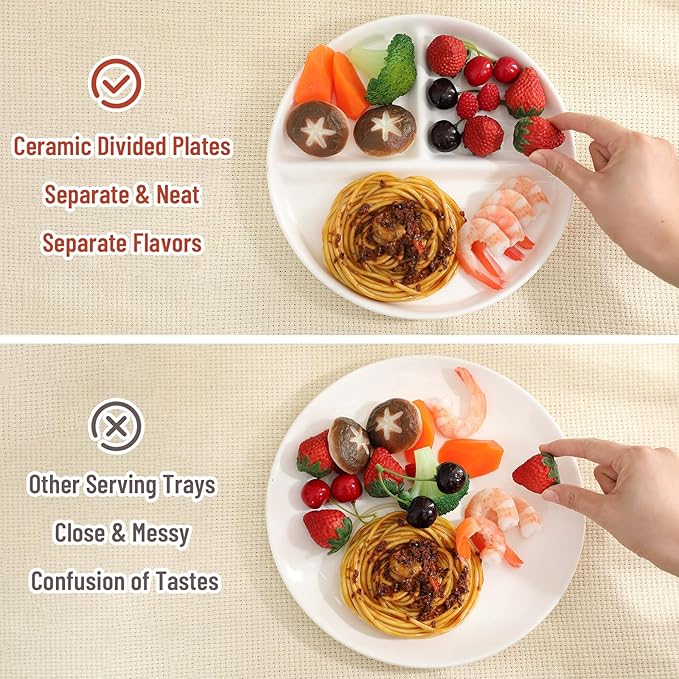 Lounsweer Set of 8 Pcs Portion Control Plate Ceramic Divided Bariatric Plates 3 Compartment Reusable Dinner Plates for Weight Loss Balanced Meal (8 Inch)