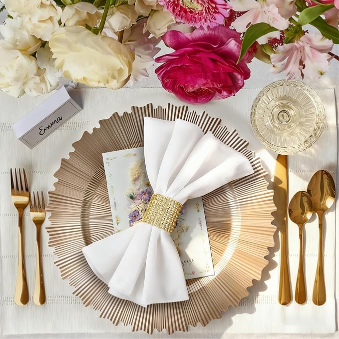 PROY 50 Pcs Champagne Gold Charger Plates, 13 Inch Elegant Fluted Edge Plastic Charger Plates, Round Gold Chargers Dinner Plate Wedding Decoration